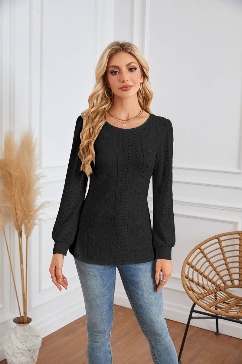 CWTBLL4098_ROUND NECK EYELET PUFF SLEEVE LONG SLEEVE T-SHIRT