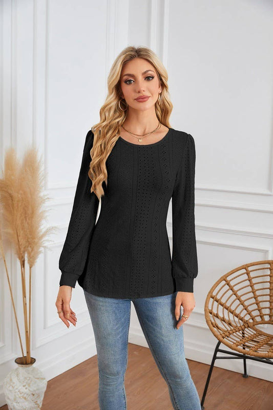 CWTBLL4098_ROUND NECK EYELET PUFF SLEEVE LONG SLEEVE T-SHIRT