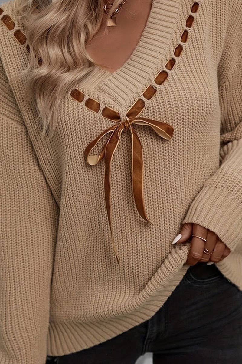 CWOSWL5804_V-NECK BOW LOOSE PULLOVER KNIT TOP