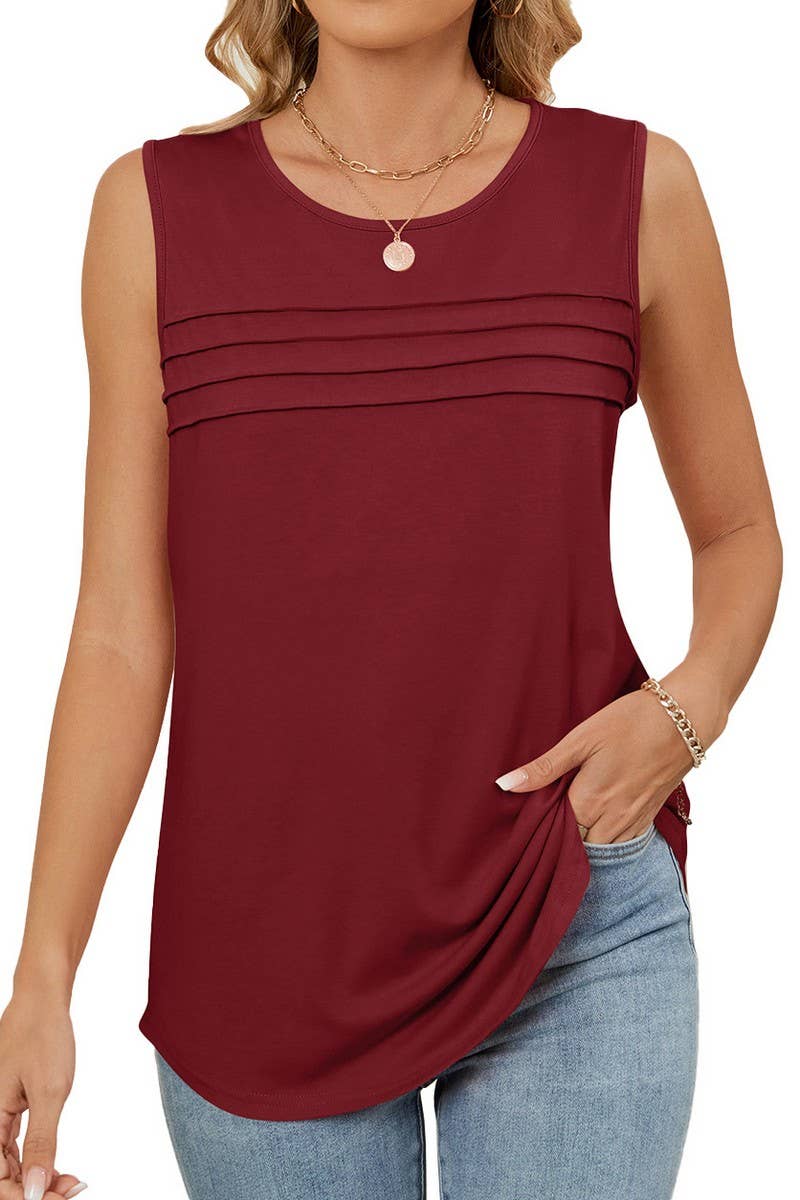 CWTBLSL0971_RUCHED SLEEVELESS CREWNECK SOLID TANK TOP