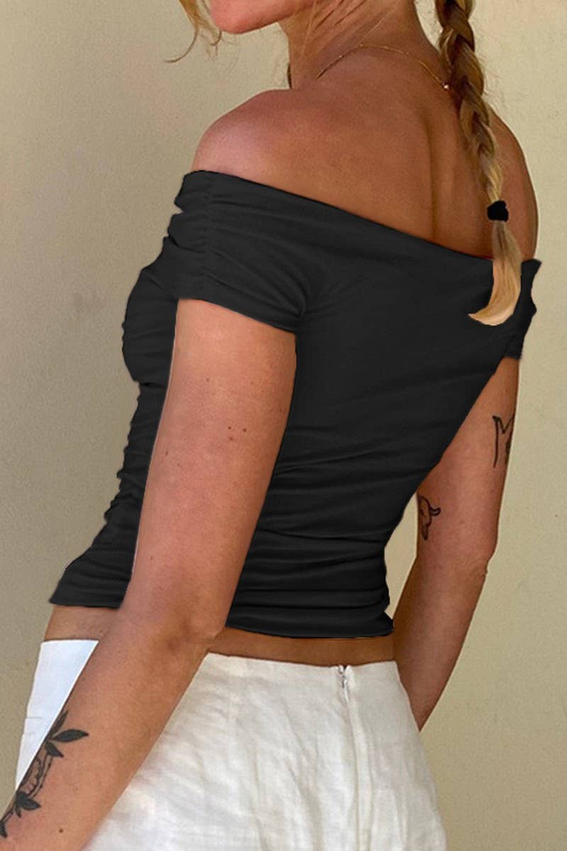 CWTBLSL0741_OFF SHOULDER RUCHED FRONT SEXY CROP TOP