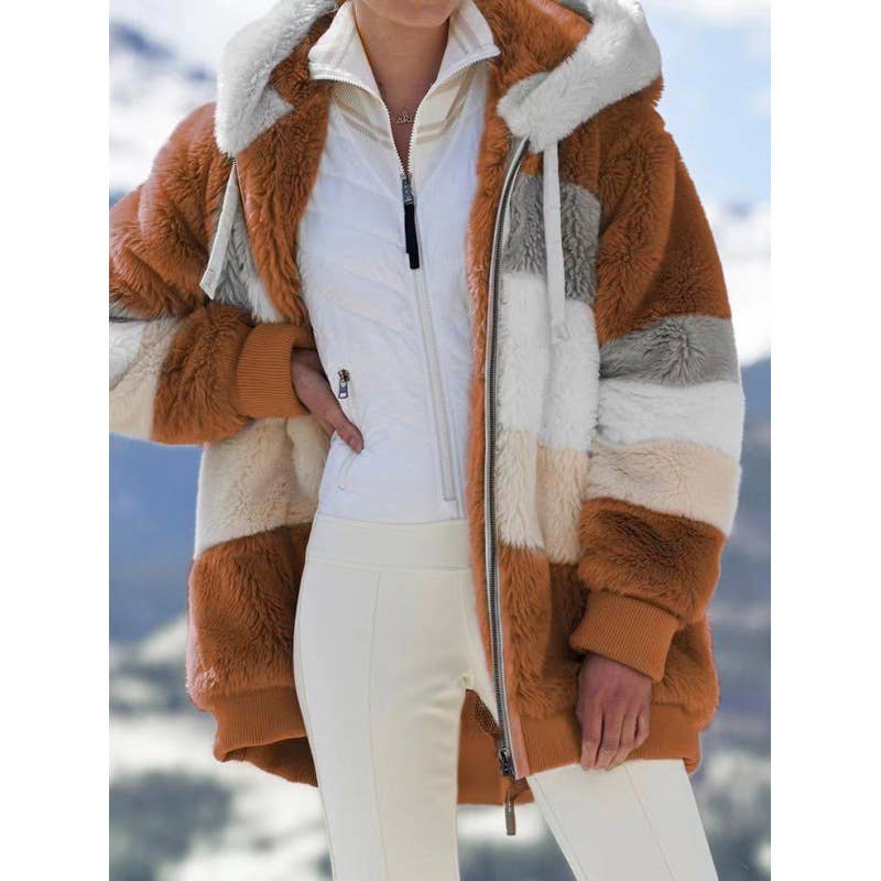 FLEECE PATCHWORK ZIPPER POCKET HOODED JACKET