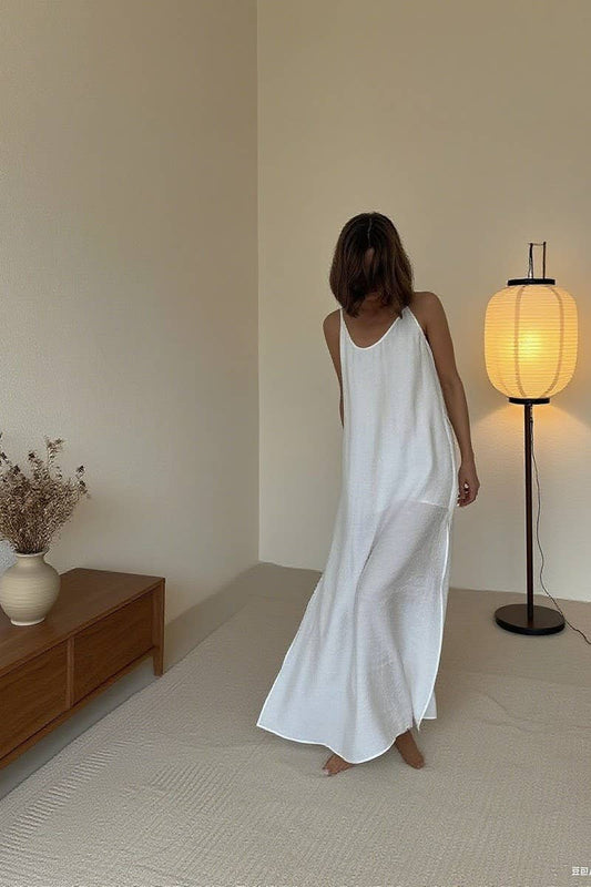 CWSPJ454_SOLID COLOR THIN LOOSE BREATHABLE PAJAMAS DRESS