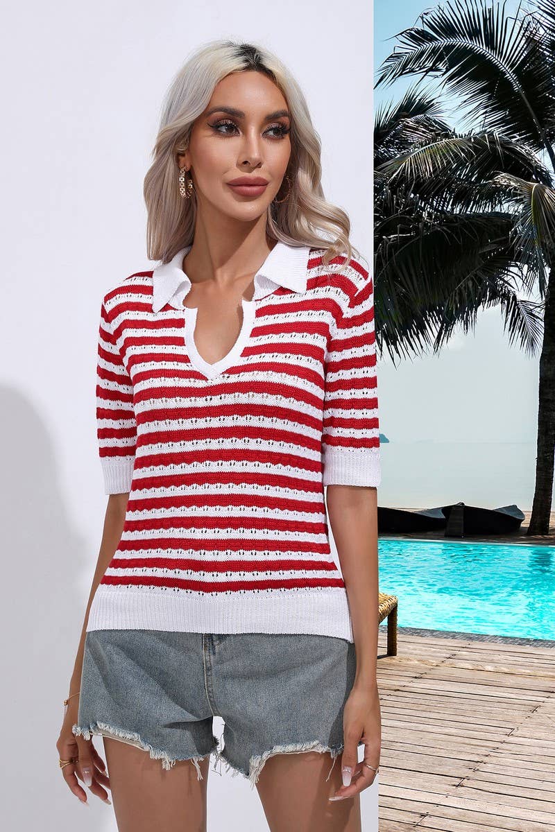 CWOSWS0061_Casual V-Neck Short Sleeve Pullover Sweater