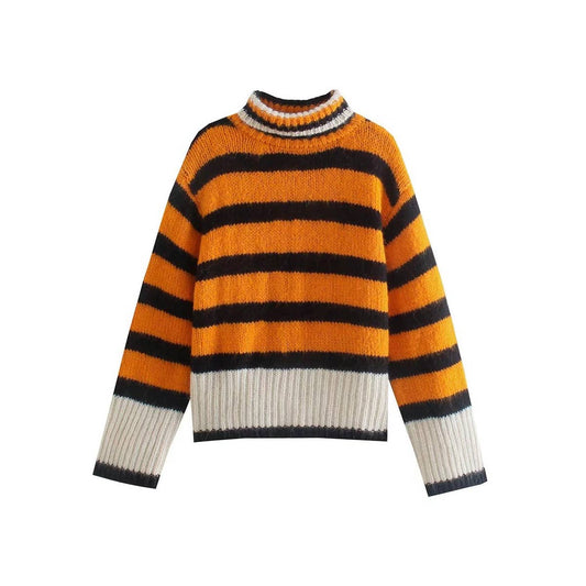 Color contrast striped half-turtleneck sweater