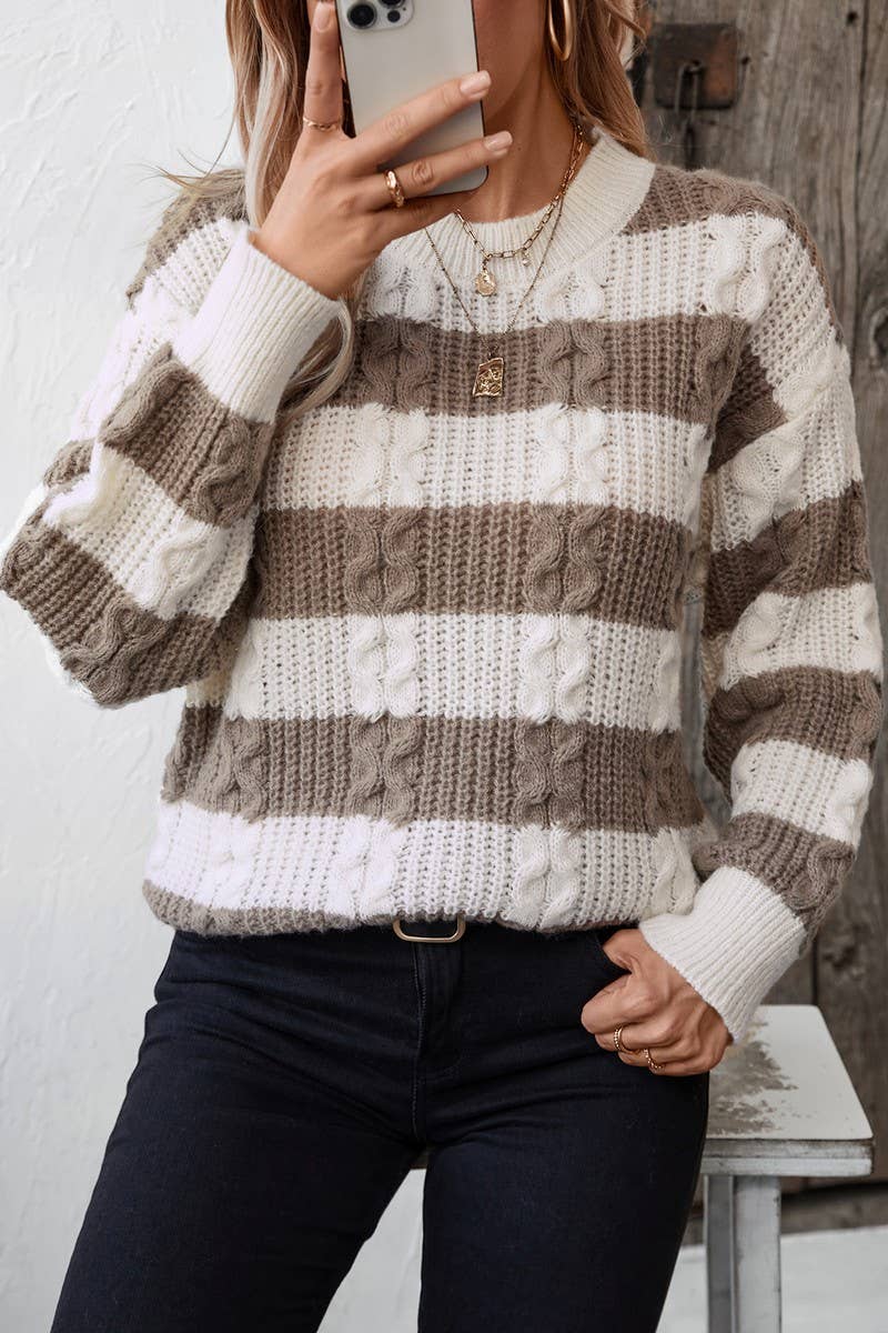 CWOSWL2917_PULLOVER STRIPED LOOSE CABLE KNIT SWEATER