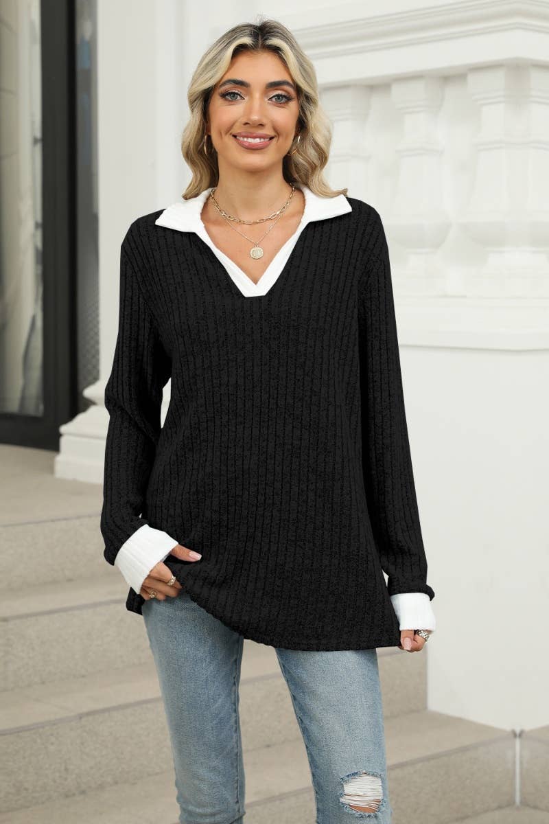 CWOSWL6610_WINTER V-NECK LONG-SLEEVED LAPEL SWEATER