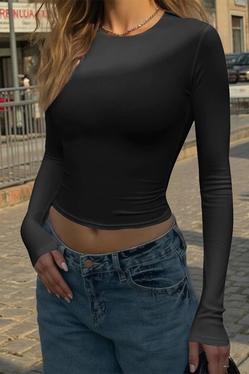 CWTBLL01041_SOLID LONG SLEEVE CASUAL COMMUTER TEE