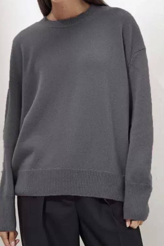 CWOSWL6383_SOLID COLOR CREW NECK KNITTED PULLOVER SWEATER