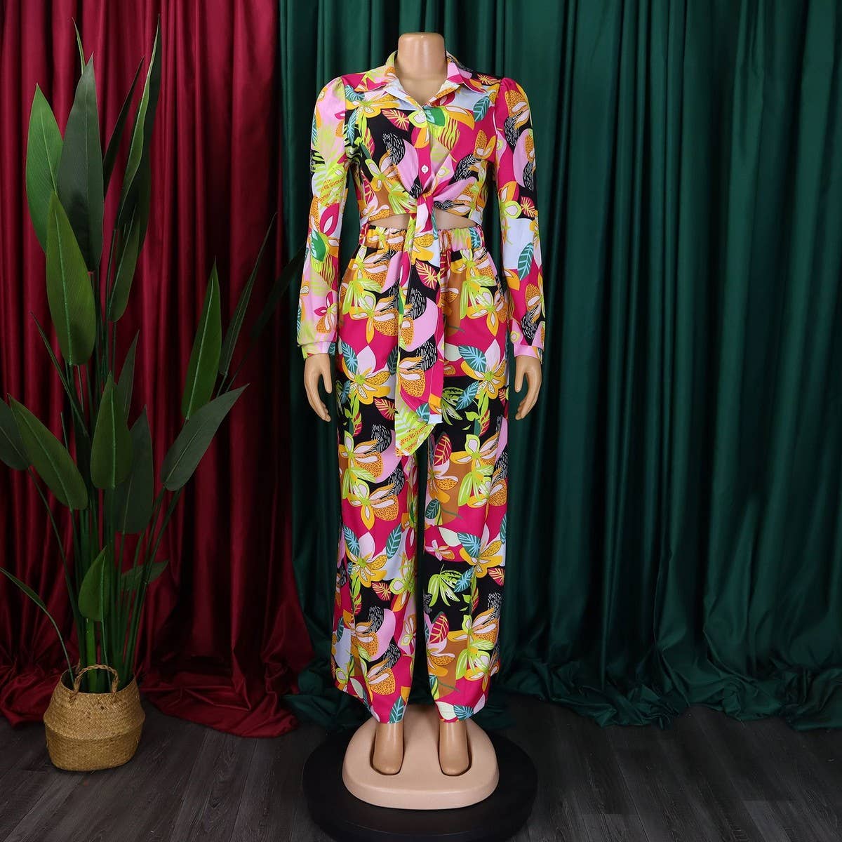 PRINTED TIE SHIRT WIDE-LEG PANTS TWO-PIECE SET_CWSTB1139