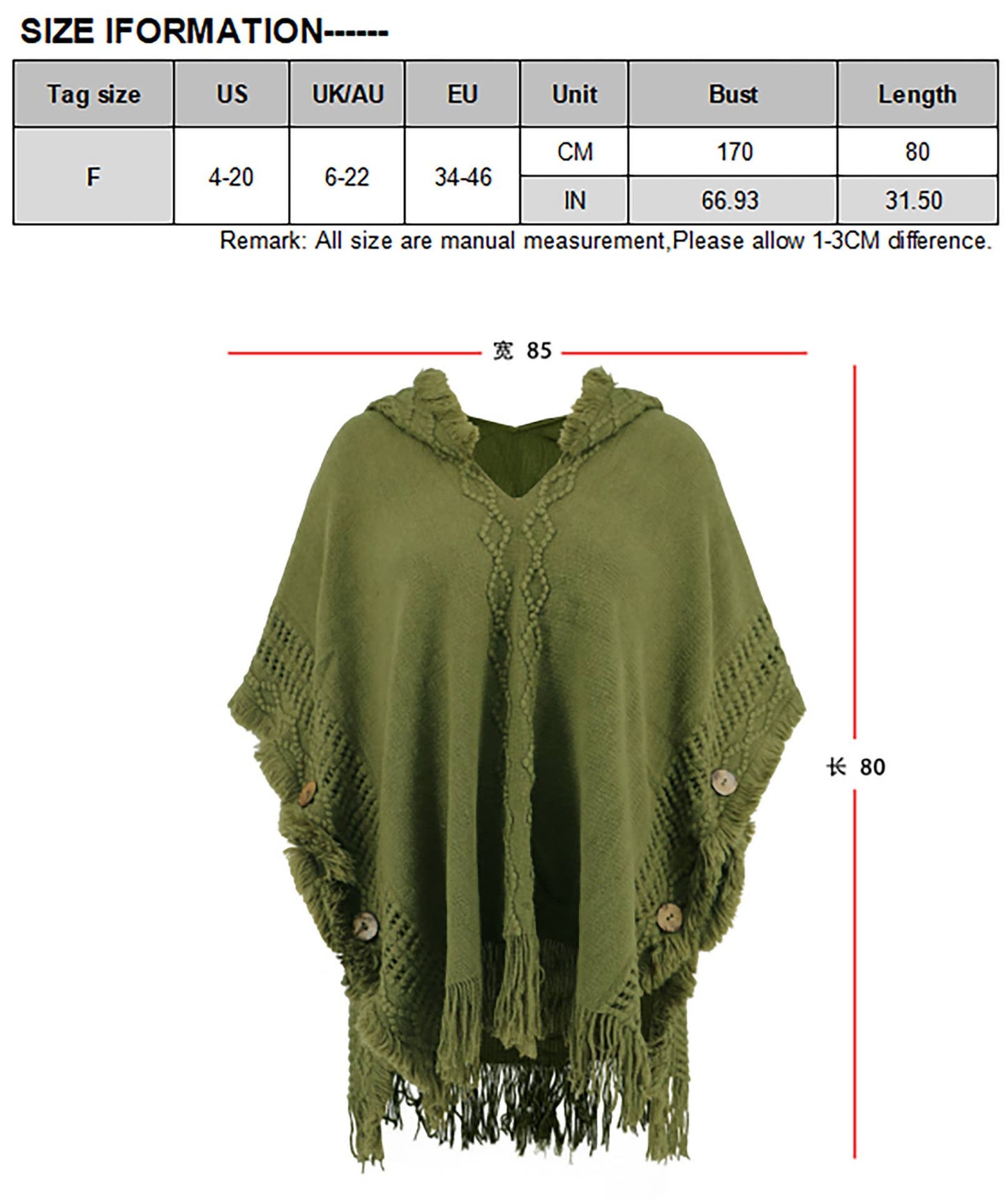 CWOSWL6438_V-NECK FRINGED HOODED MID-LENGTH CAPE KNITTED TOP