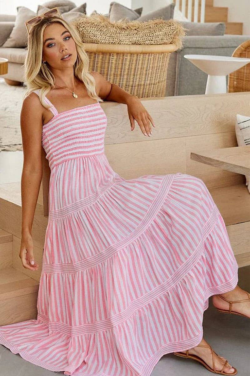 CWDMD5956_STRIPED PRINT SPAGHETTI STRAP VACATION DRESS