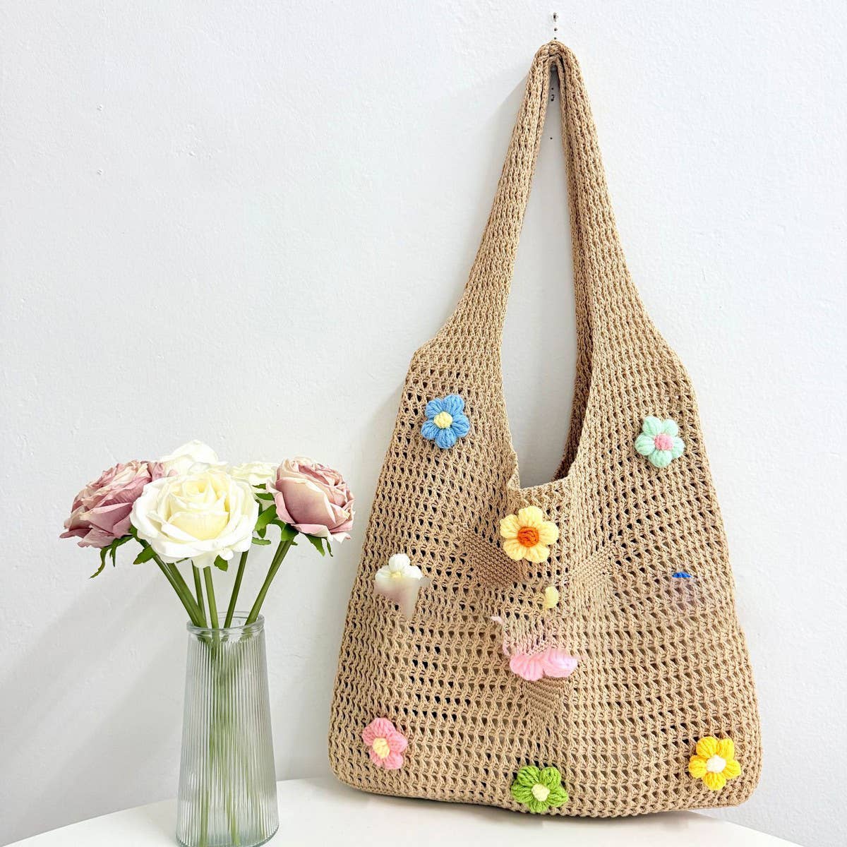 CUAB00328_2025 BOHO KNIT TOTE BAG LARGE BEACH VACATION FLORA