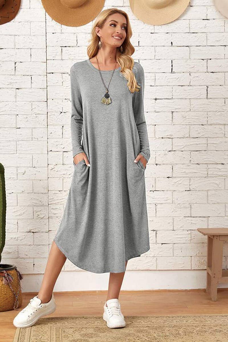 CWDMD3948_SOLID COLOR CASUAL LONG SLEEVE LONG DRESS
