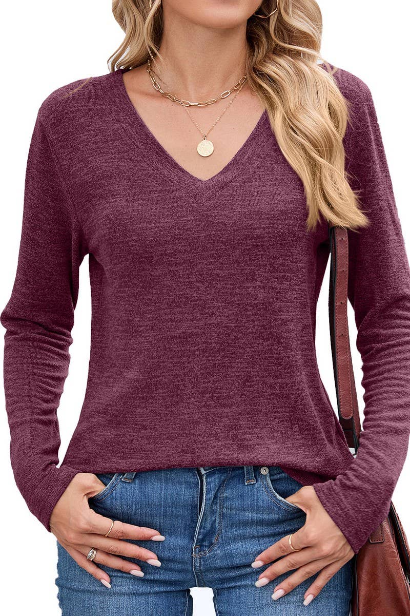CWTBLL01302_V NECK LOOSE FIT LONG SLEEVE CASUAL TEE