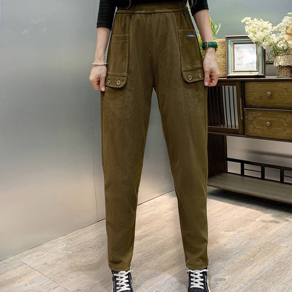 CORDUROY ELASTIC-WAISTED STRAIGHT TUBE PANTS