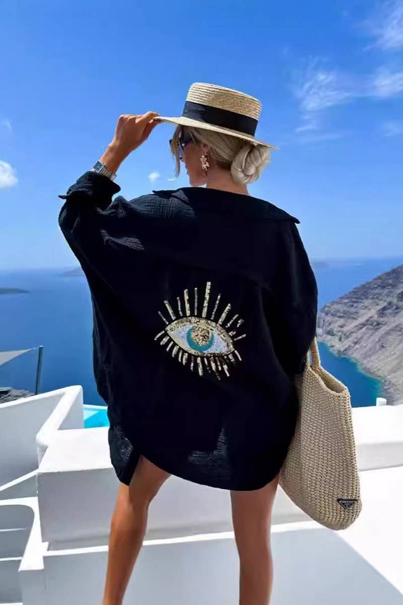 CWTBLL4111_V-NECK BEACH CARDIGAN SEQUINED LOOSE SHIRT