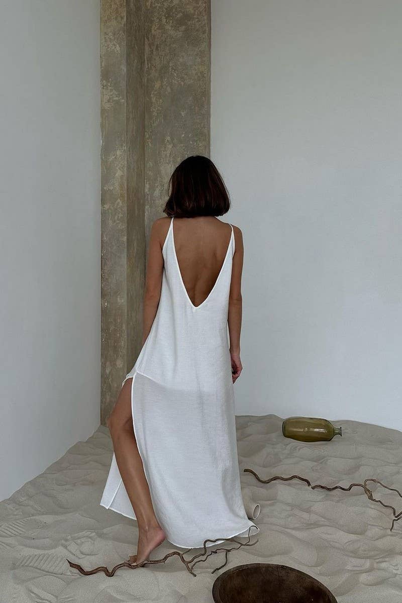 CWSPJ454_SOLID COLOR THIN LOOSE BREATHABLE PAJAMAS DRESS