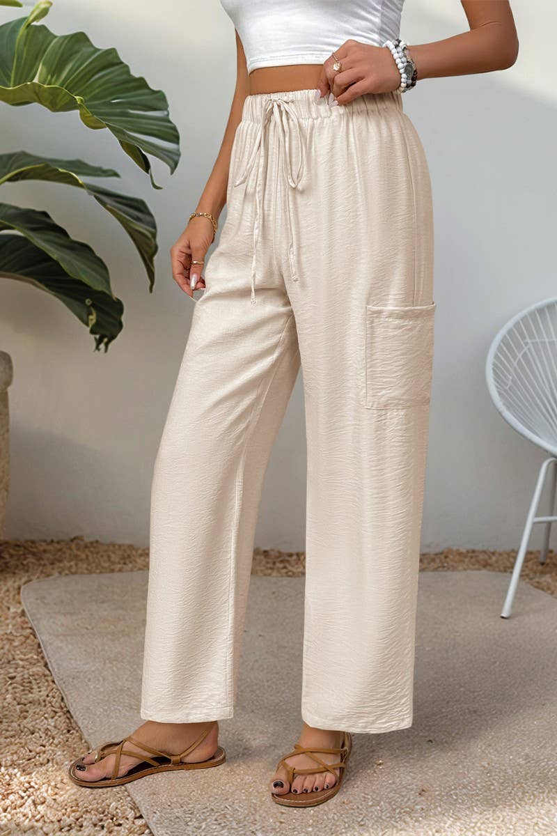 CWBLP1940_SUMMER TEXTURED HIGH-WAIST POCKET ELASTIC PANTS