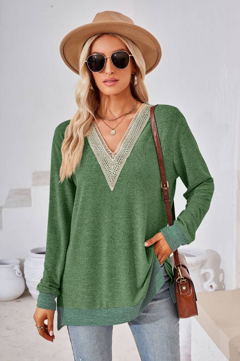 CWTBLL2691_FALL V-NECK LACE PATCHWORK LONG-SLEEVED TOP