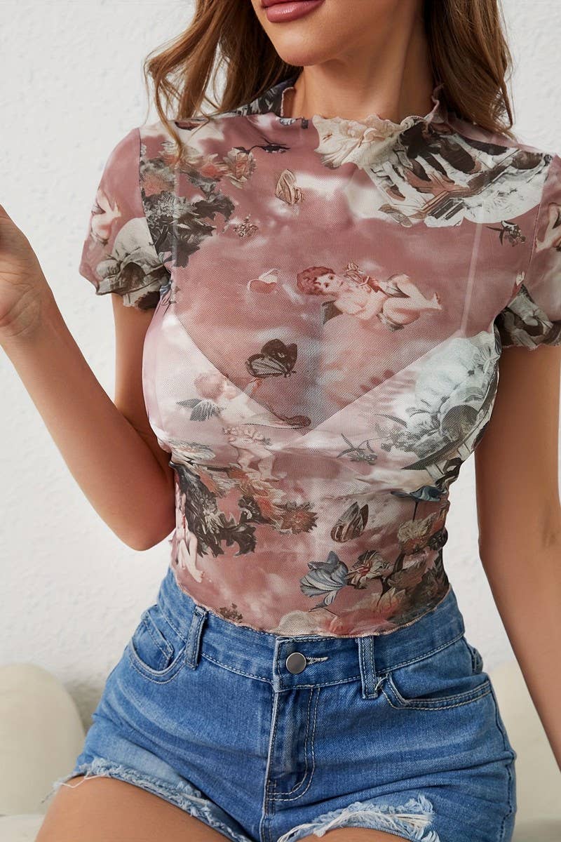 CWTBLS1534_MESH PRINTED RUFFLED SHORT SLEEVE T-SHIRT TOP