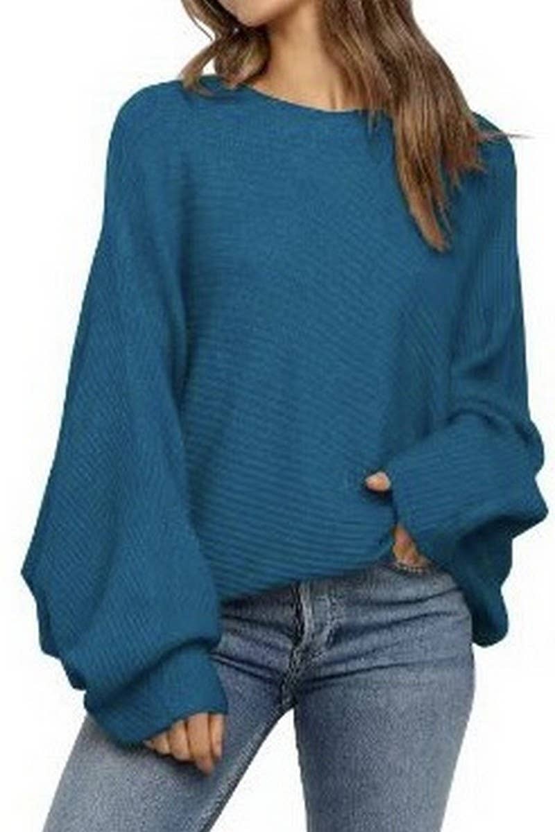 CWOSWL6384_ROUND NECK SOLID COLOR BAT LONG SLEEVE SWEATER