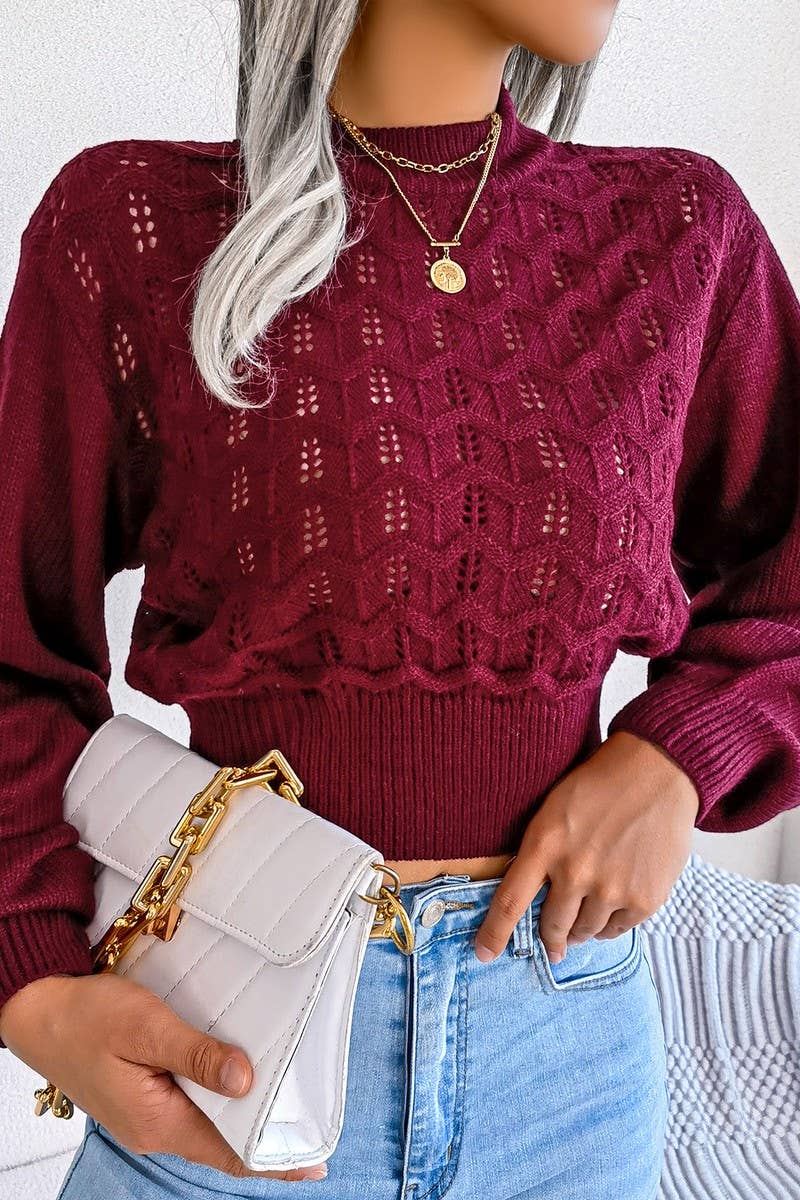 CWOSWL3227_SOLID COLOR HOLLOW BELLY-EXPOSED KNITTED SWEATER
