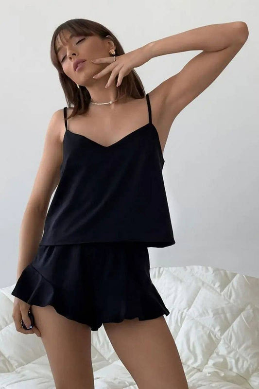 CWSPJ0372_SOLID COLOR SUSPENDER SHORTS PAJAMA SET