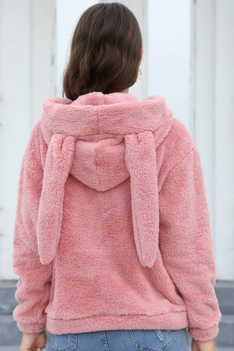 CWOHOL0643_THICKENED PLUSH RABBIT EARS HOODED SWEATSHIRT