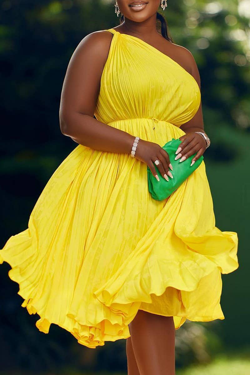 CWDSD10889_2023 SUMMER PLUS SIZE ONE SHOULDER PLEATED DRESS