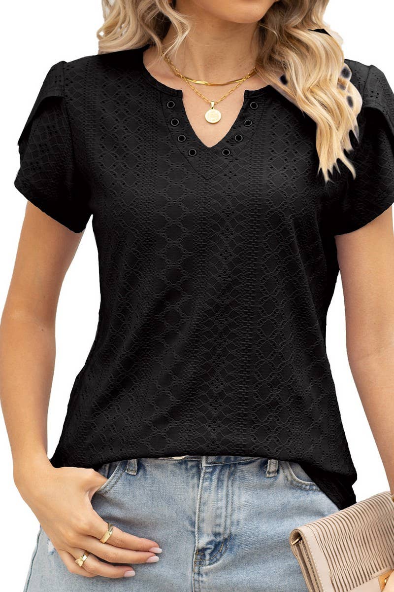 CWTBLS0878_V-NECK BUTTONED CUTOUT LOOSE SHORT-SLEEVED TOP