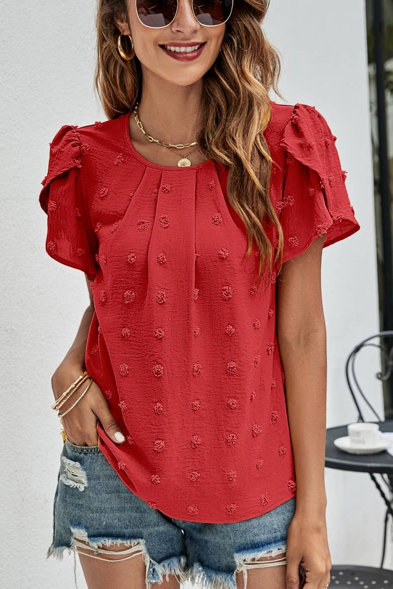 CWTBLS0342_Round neck Short Puff Sleeve Blouse