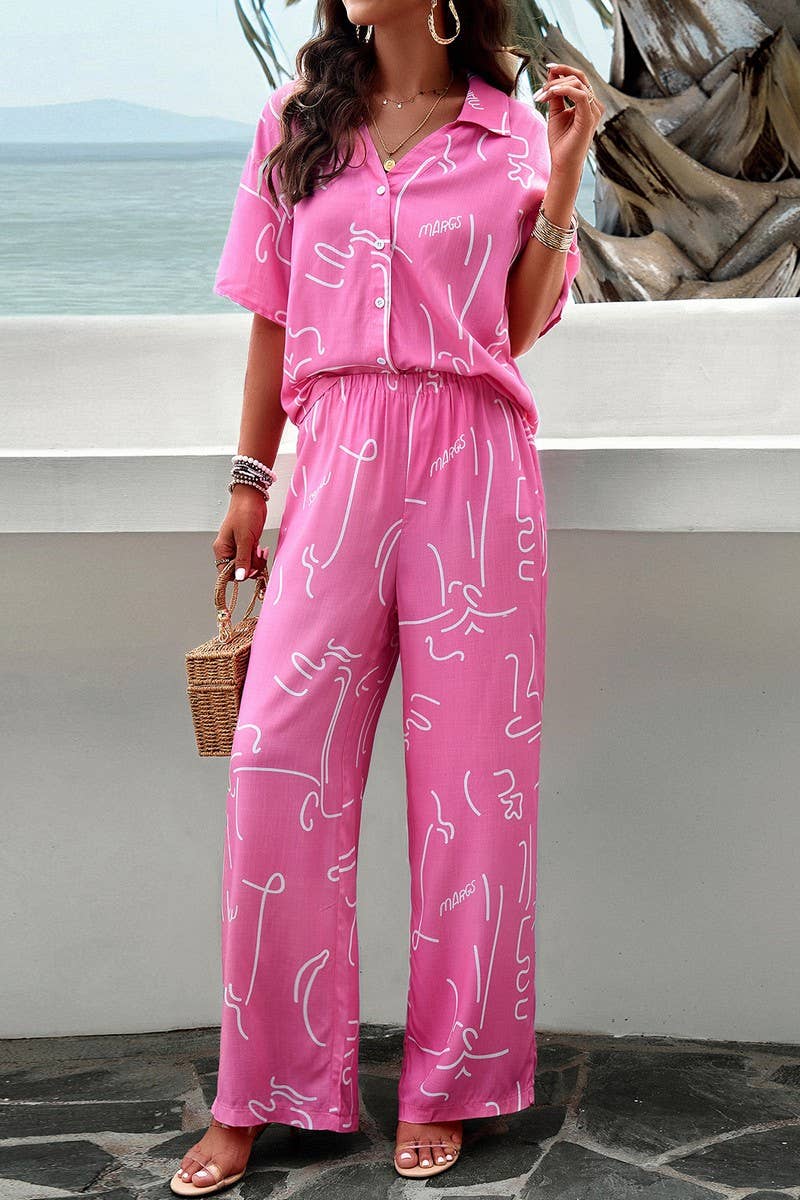 CWSTB0340_Button Down Long Slv Print V-Neck Long Pants Set
