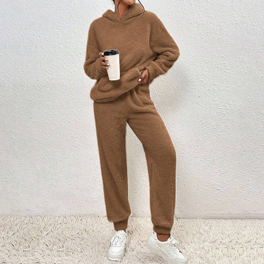 FLEECE HOODED LONG-SLEEVED PANTS SOLID COLOR SUIT