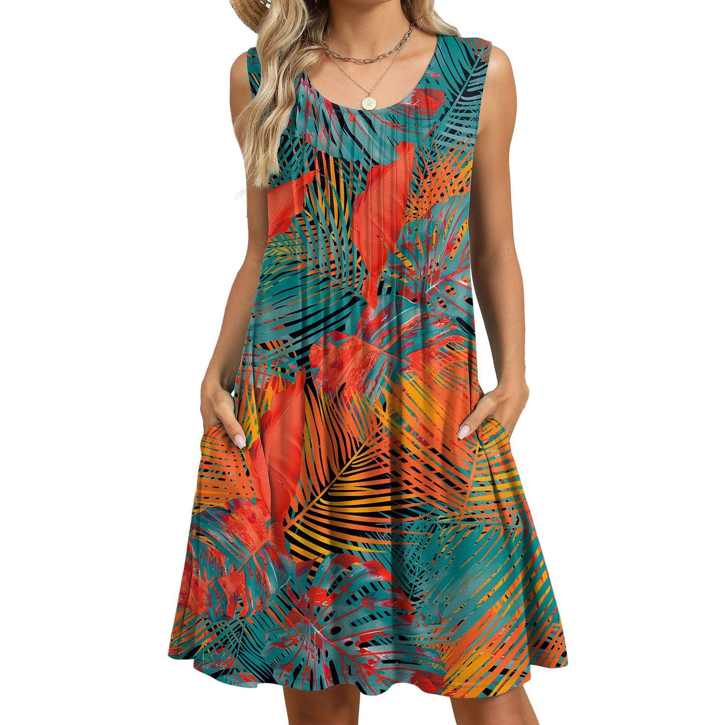 Crew-neck loose print tank top dress with pockets