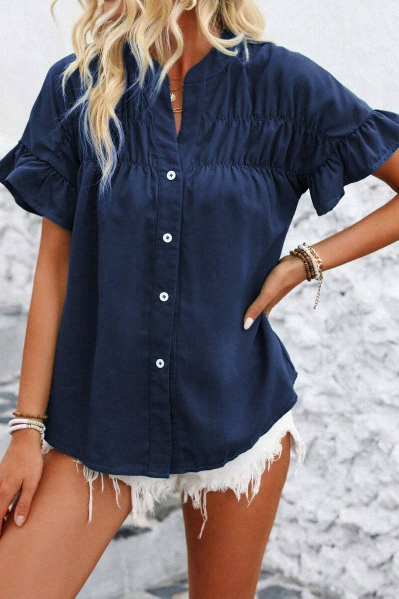 CWTSTS0679_SOLID COLOR STAND COLLAR CASUAL SHORT SLEEVE SHIR