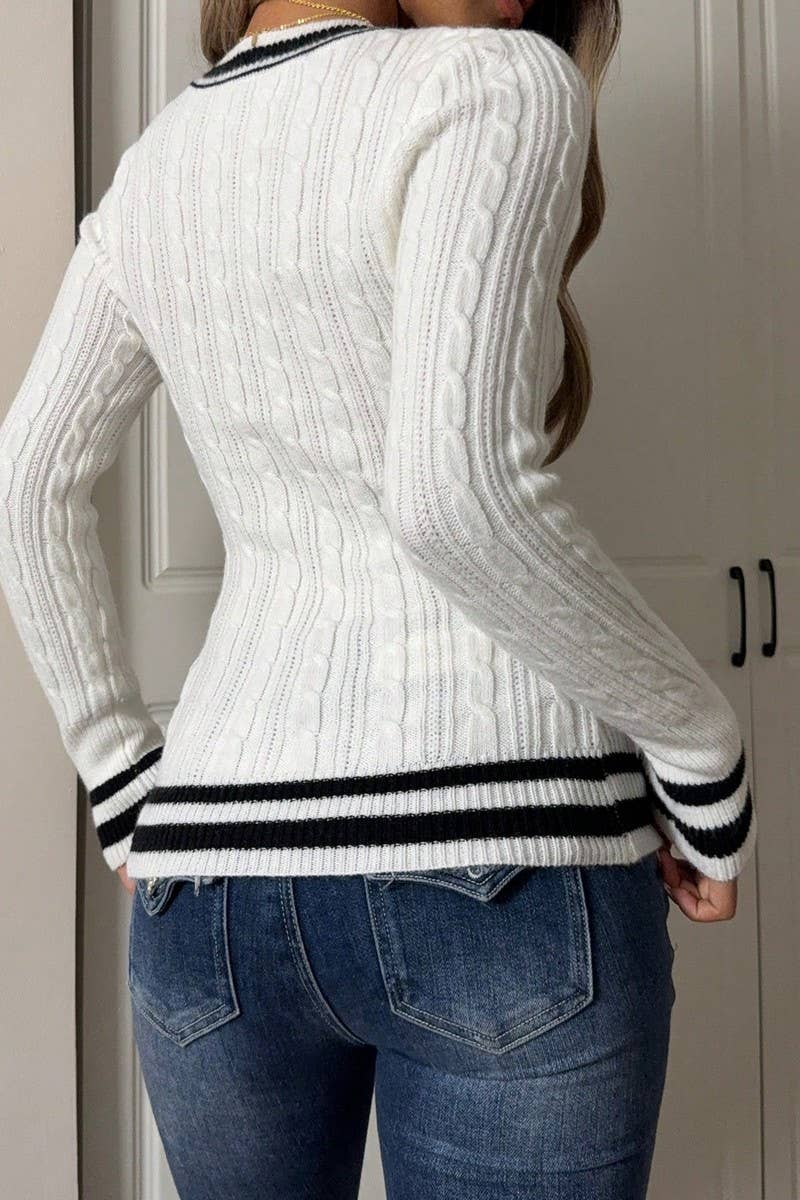 CWOSWL07504_EMBROIDERED V NECK LONG SLEEVE KNIT SWEATER