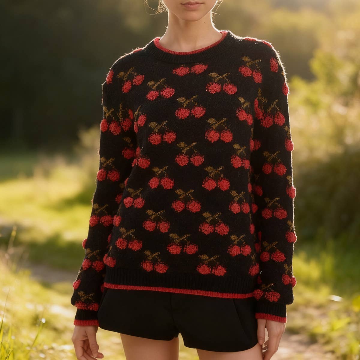 Christmas cherry jacquard pullover knit sweater