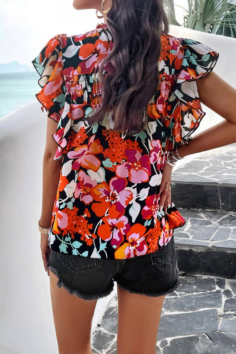 CWTBLSL0065_Round Neck Floral Ruffle Sleeveless Top