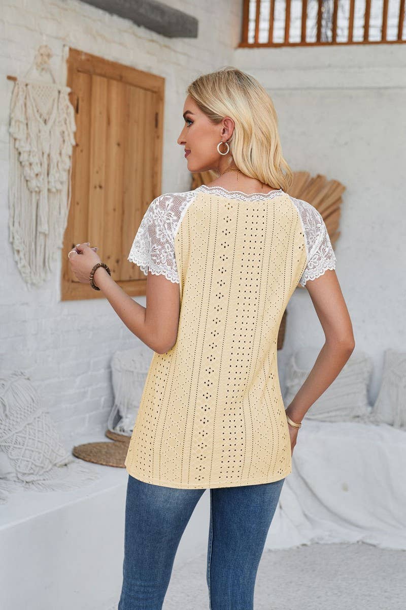 CWTTS00707_SUMMER LACE PATCHWORK SHORT-SLEEVED T-SHIRT