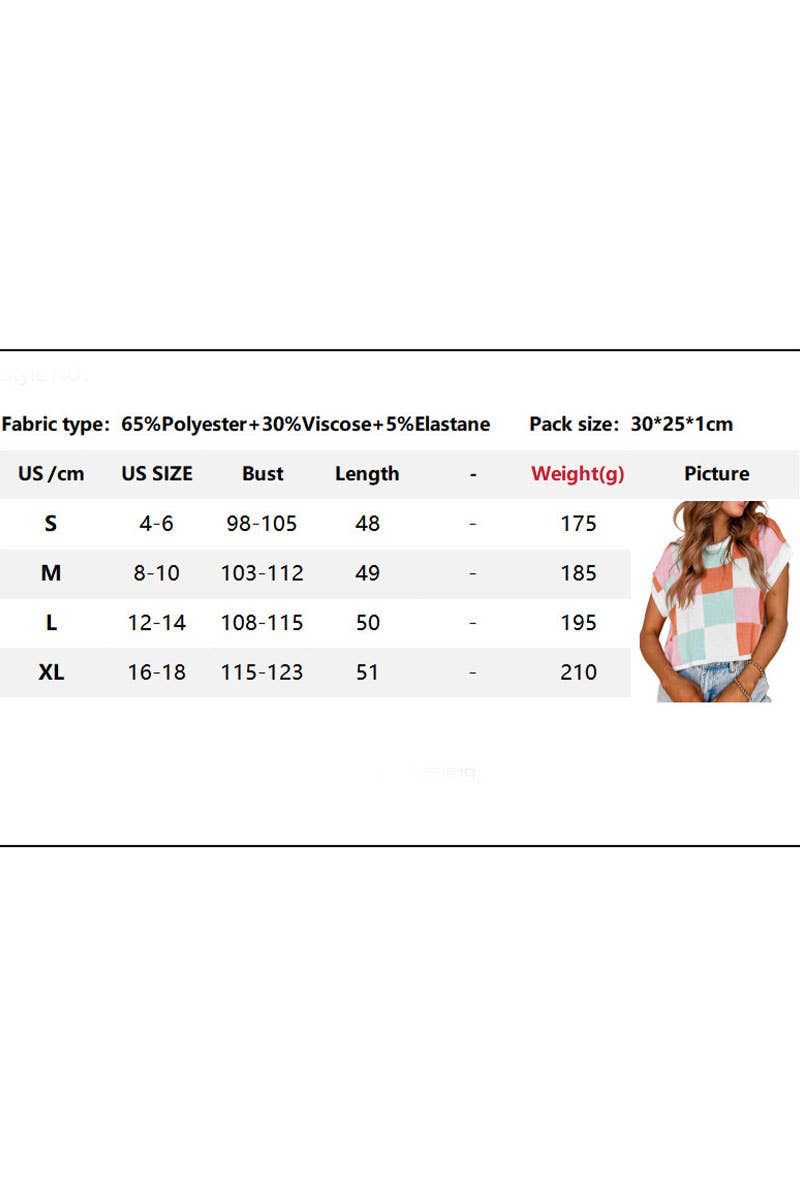 CWTTS1362_SUMMER NAVEL CHECKERBOARD SHORT SLEEVE KNIT TOP