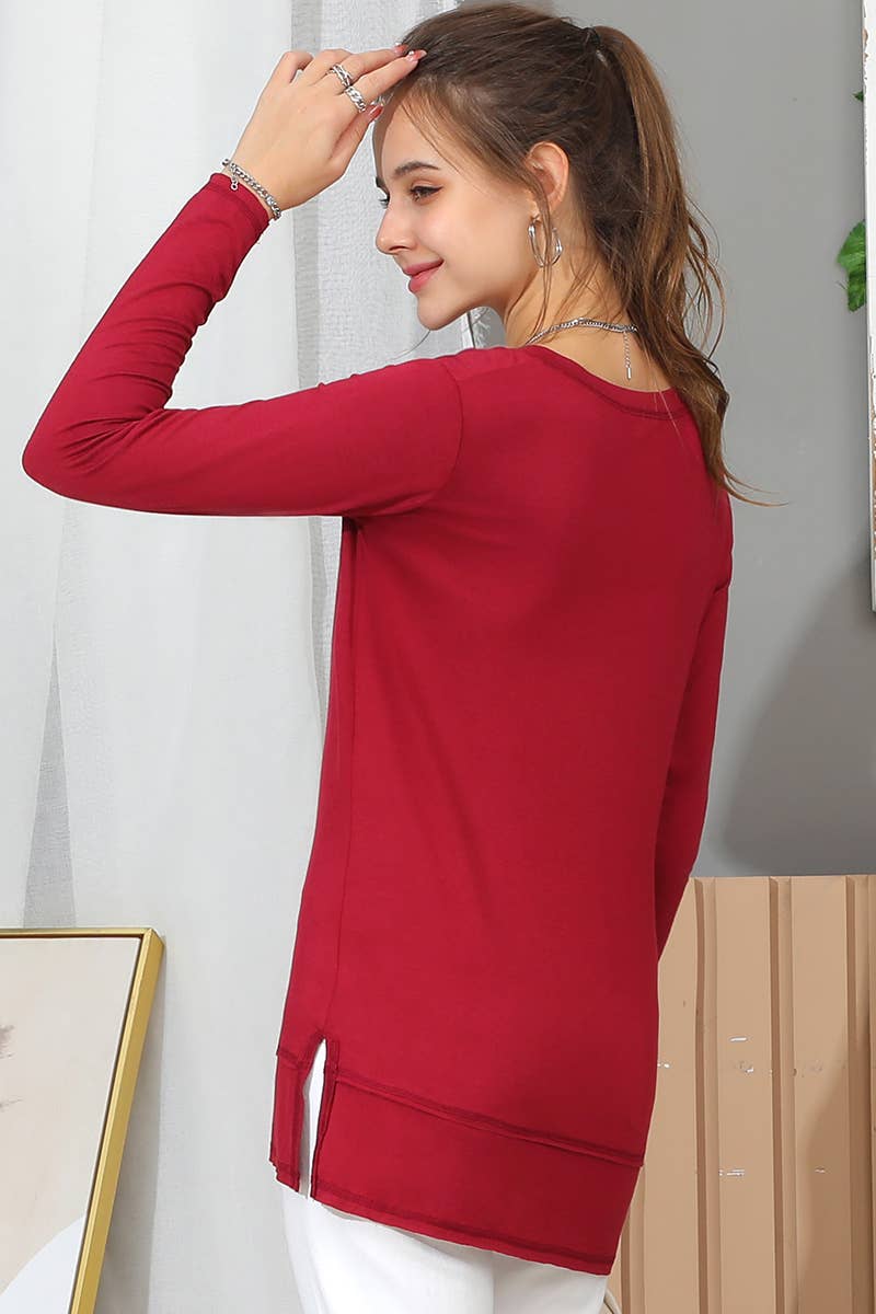 CWTTL968_LONG SLEEVE V NECK SIDE CUT OUT TUNIC TOP