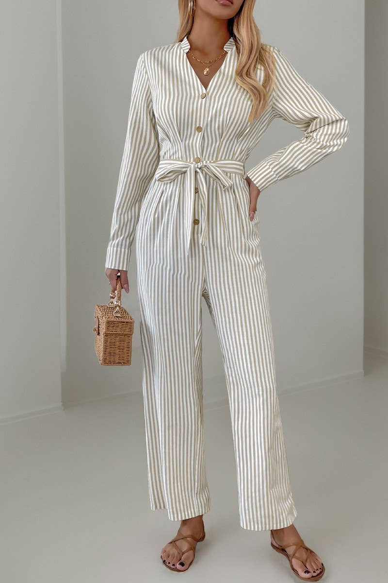 CWSBSL0134_V-NECK COMMUTER STYLE STRIPED LACE-UP JUMPSUIT
