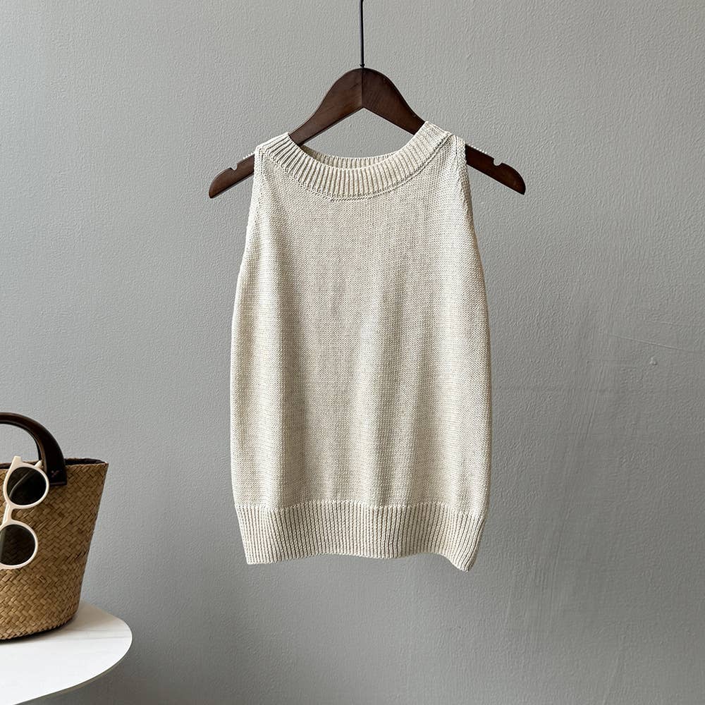 CREW-NECK SLEEVELESS BOTTOM STRIPED KNIT CAMISOLE