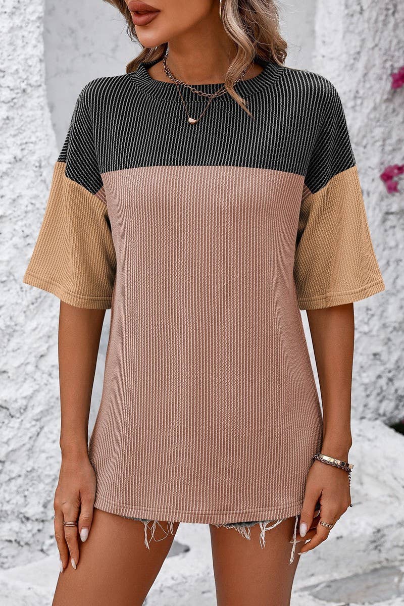 CWTTS1317_SUMMER ROUND NECK COLOR BLOCK LOOSE T-SHIRT