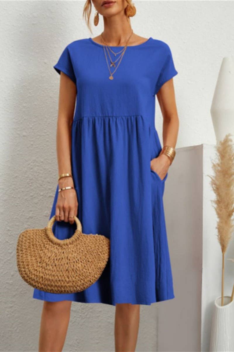 CWDSD10613_SUMMER TEMPERAMENT ROUND NECK A-LINE DRESS
