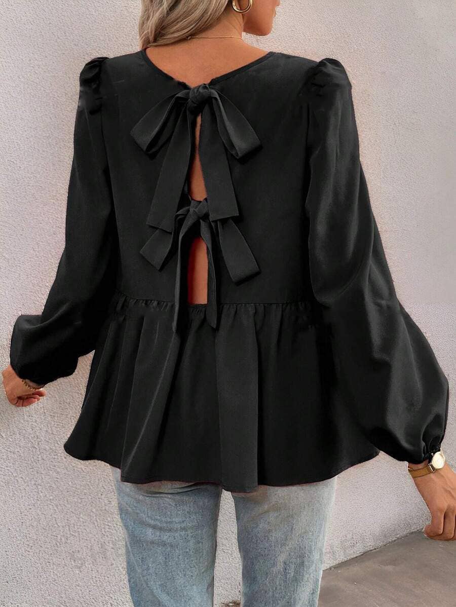 BOW LANTERN SLEEVE BUBBLE DOUBLE-SIDED SHIRT