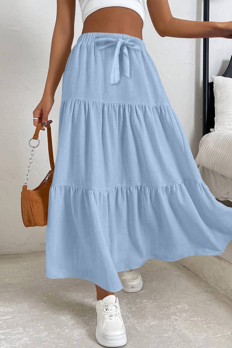 CWBLS0559_BOW WAIST TIERED SOLID MIDI SKIRT