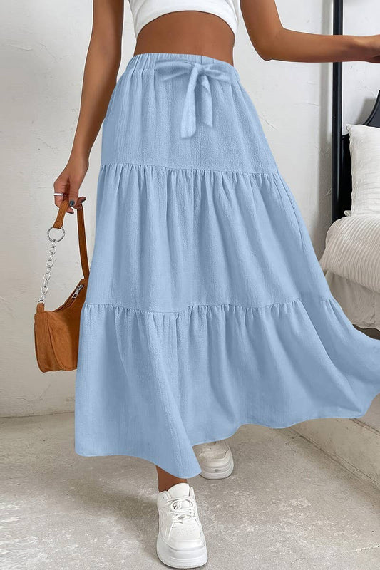 CWBLS0559_BOW WAIST TIERED SOLID MIDI SKIRT