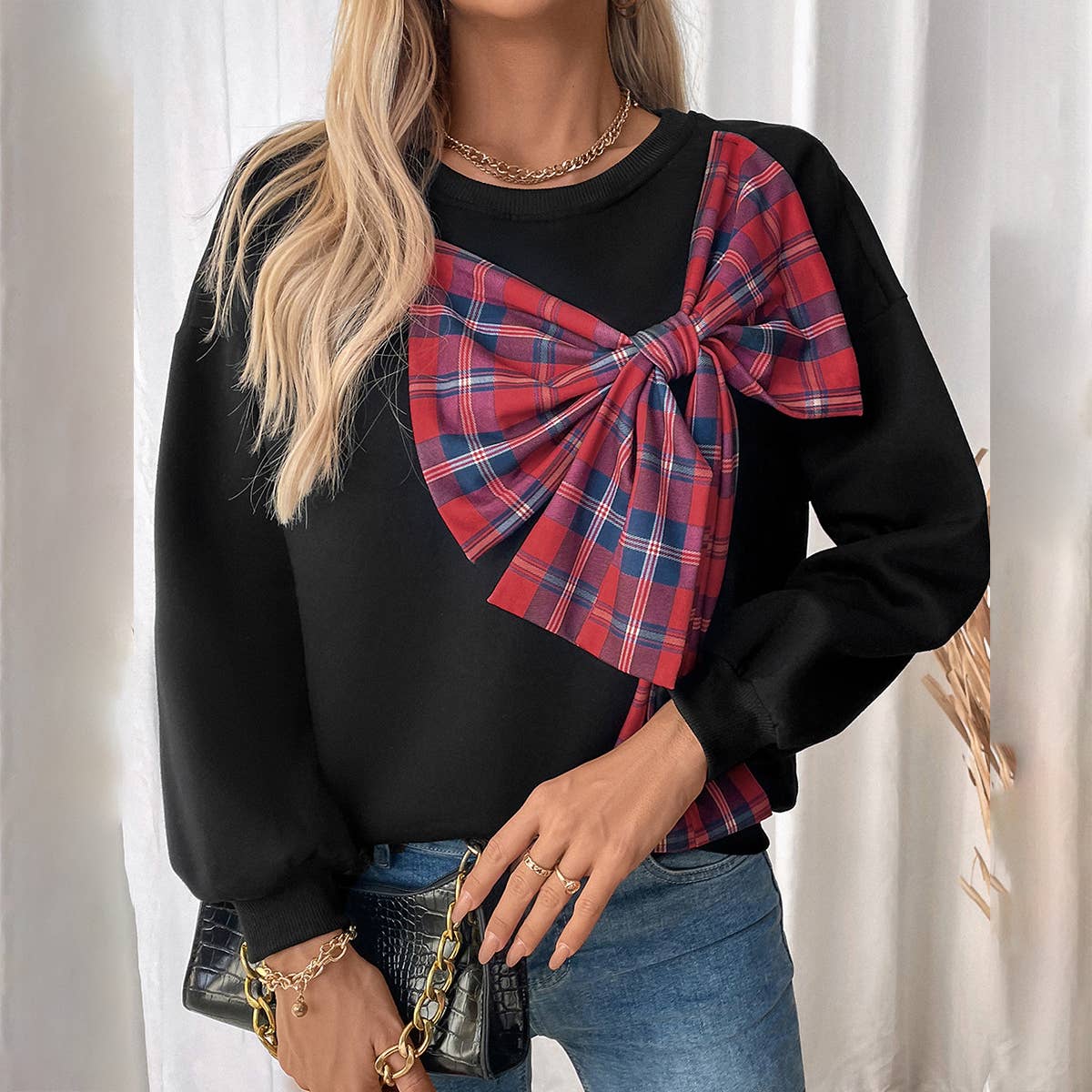 CREW NECK AND FLEECE PLAID BOW PATCHWORK HOODIE